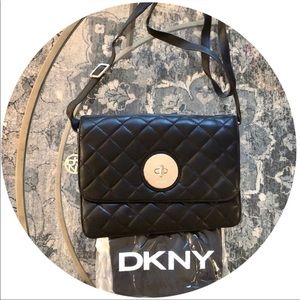 DKNY Black and Gold Quilted Crossbody Bag with Chain Strap
